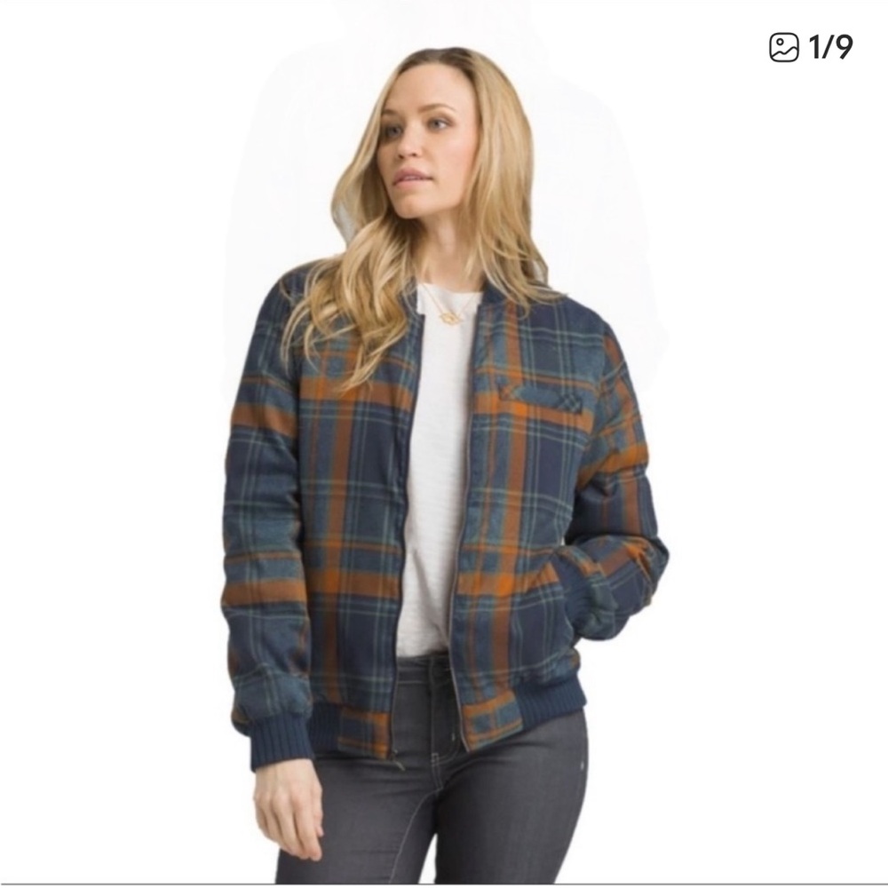 Prana Showdown Plaid Duck Down Filled Bomber Jacket Size Large
